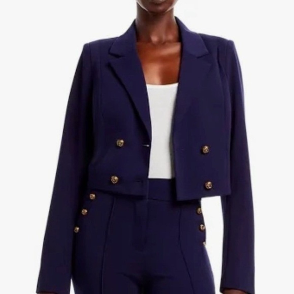 AQUA Womens Navy Blue Cropped Double Breasted Blazer Gold Buttons Size Medium